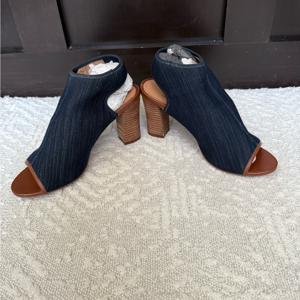 Elegant Denim & Leather Trim Open-Toe Women's Heels